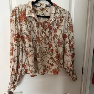 Pilcro Floral Pintuck Button-Front Blouse in Cream and Rust